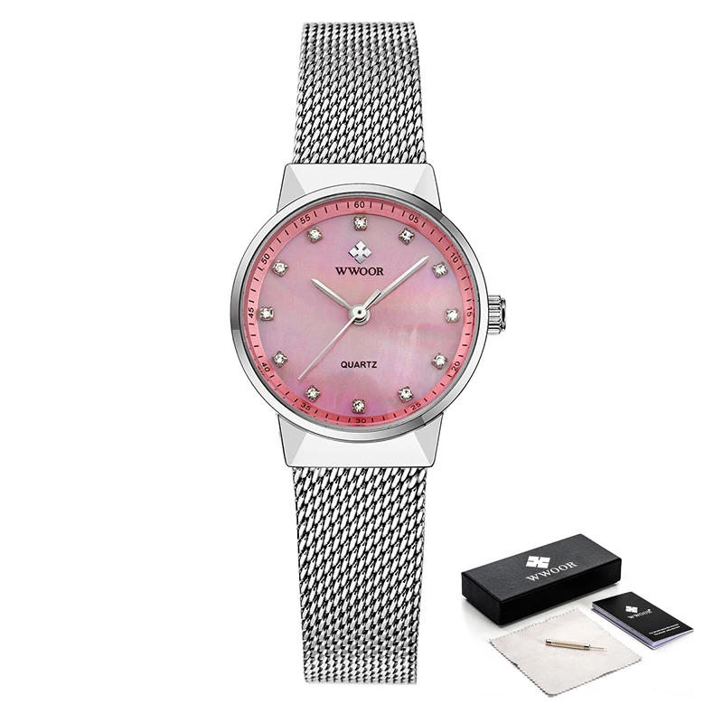 Женские розовые часы Reloj Mujer WWOOR модные под платье известного бренда класса люкс