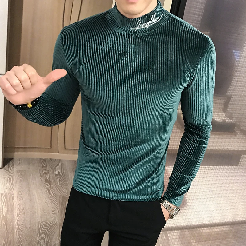 Зимний свитер с высоким воротником для мужчин, тонкий модный однотонный Повседневный вязаный пуловер с длинными рукавами, Британский свитер от ветра M-3XL - Цвет: blue-green