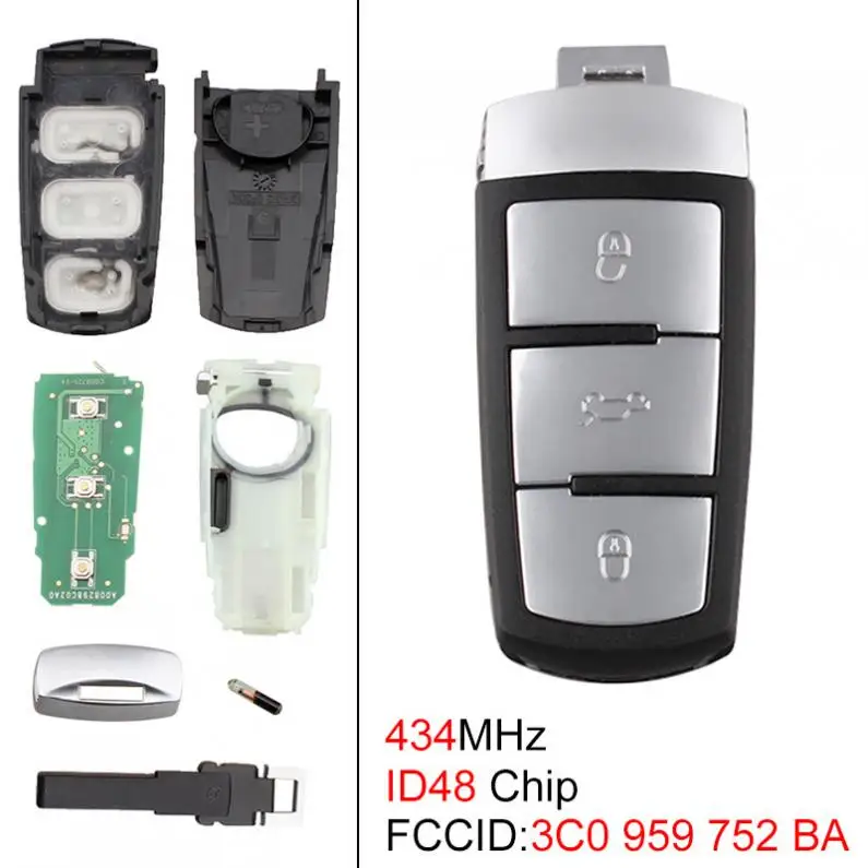 1PCS 434MHZ 3 BUTTONS KEYLESS UNCUT FLIP SMART REMOTE KEY FOB WITH ID48 CHIP FIT FOR VW PASSAT B6 3C B7 MAGOTAN CC 2006-2011