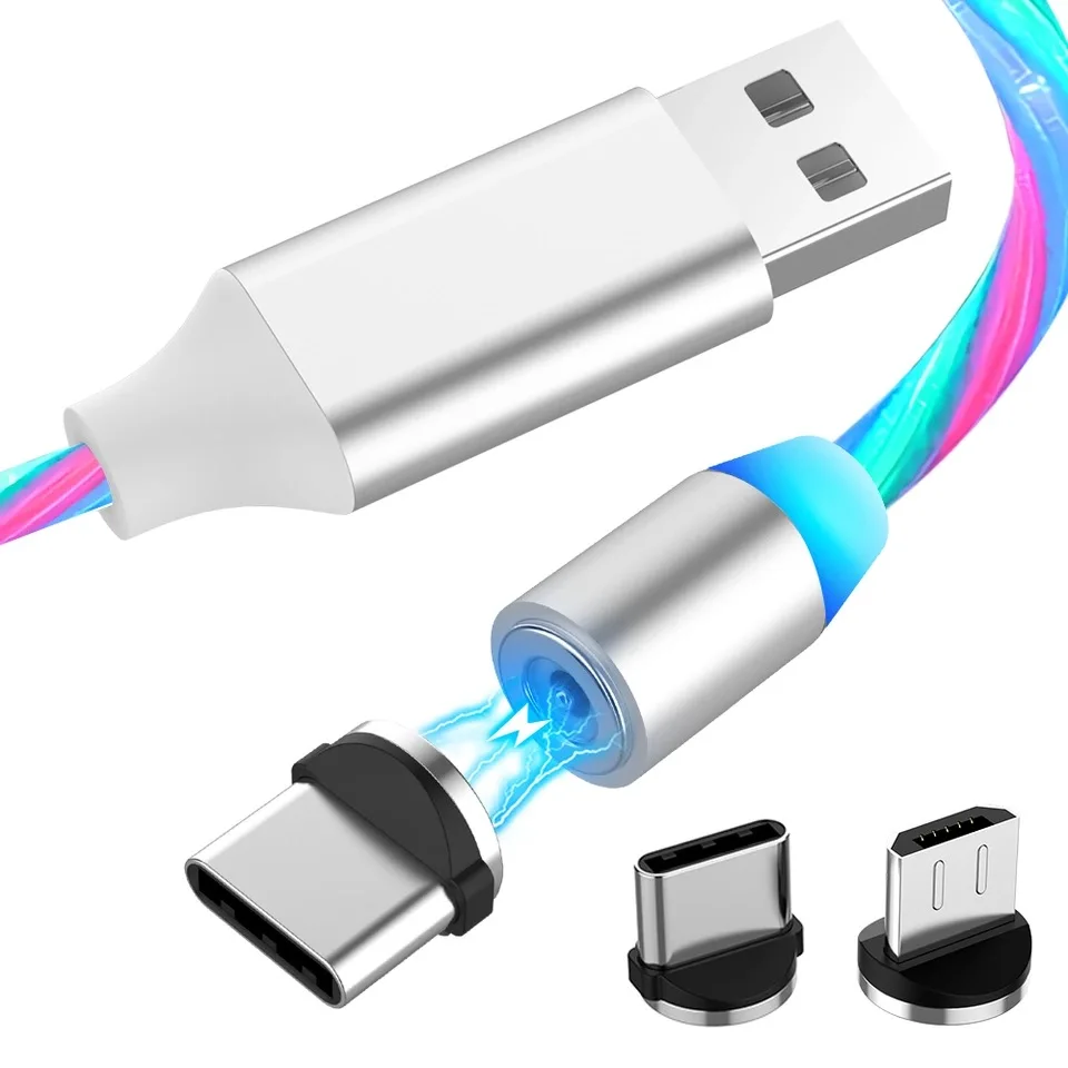 

LED Glow Flowing Magnetic Charger Cable Luminous Lighting Fast Charging Micro USB Type C For iPhone Android Phone USBC Wire Cord