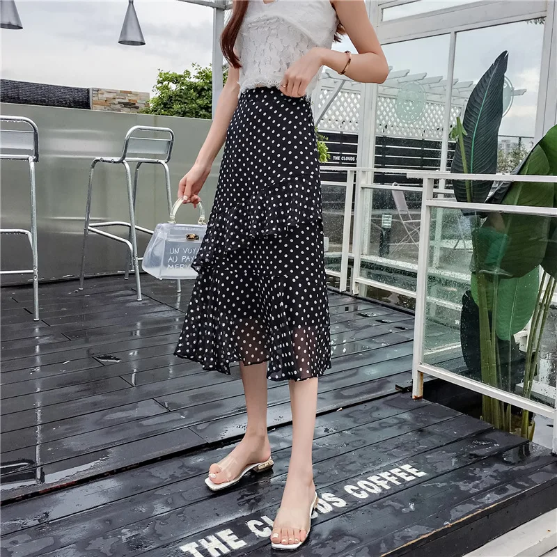 

2018 New Style Polka Dot Chiffon Skirt Irregular Flounced A- line Skirt + Elastic Waist + Zipper