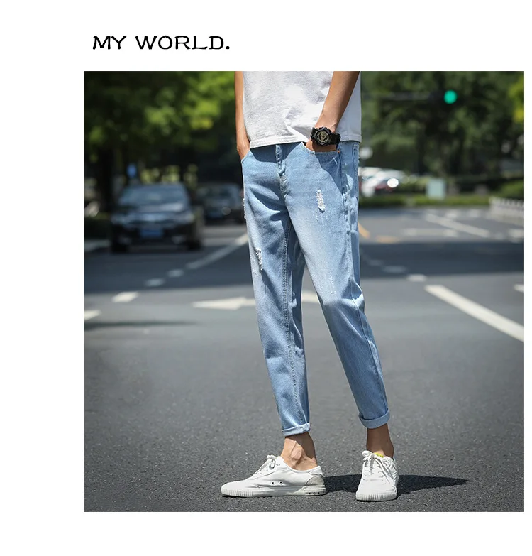 Весенние и летние тонкие капри мужские с дырками джинсы корейский стиль Slim Fit Trend эластичность 9 точек обтягивающие брюки