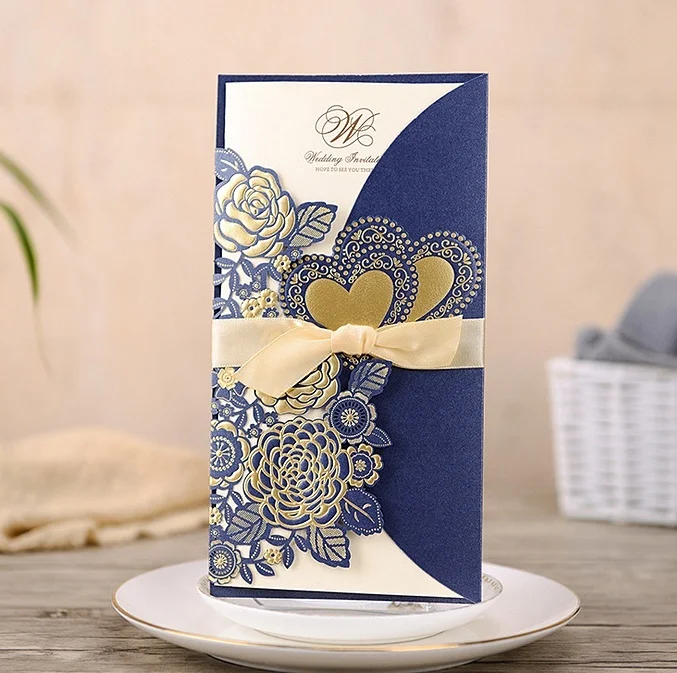  50pcs Laser Cut Wedding Invitations Card Rose Love Heart Greeting Cards Customize Envelopes with Ri - 4.00022E+12