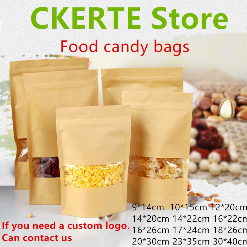 

100pcs Kraft Paper Bag Zip Lock Stand Up Bag with Window,event party Gift Bags Tea Packaging candy Food birthday gift Pouches