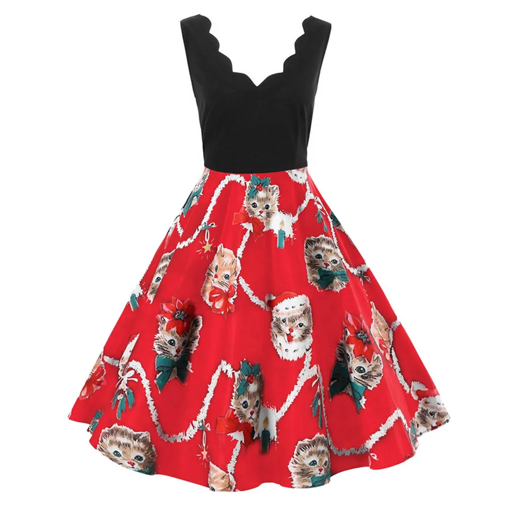 

Sleeper #W401 2019 NEW Fashion Dress Women Sleeveless V-Neck Christmas Cats Print Vintage Flare Swing Party wear Free Shipping