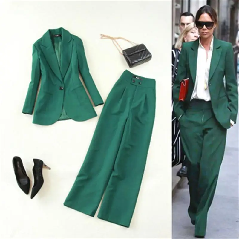 Fashion Suit Suits female Spring summer New high quality Dark green casual business suit+ wide leg pants Two-piece suit women
