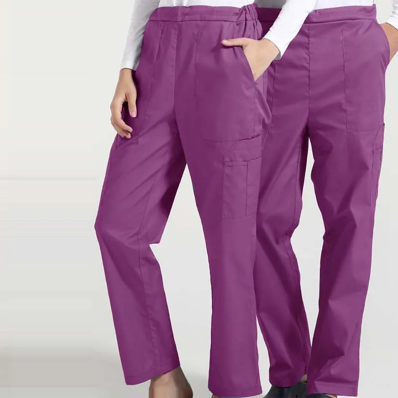 Women Men Scrub Pants Cotton Medical Uniforms Solid Color Trousers with Six Pockets Elastic Waistline and String Straight Pants