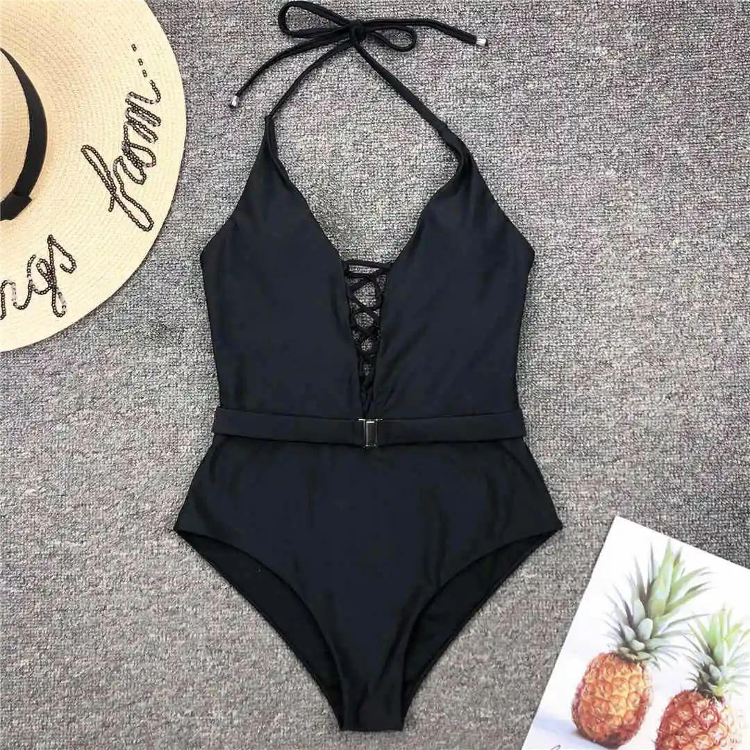 Черный 7 Colors Sexy Halter V Neck Lace Up Women Swimwear One Piece Swimsuit Female Bather Bathing Suit Swim Lady With Belt V1762 - Цвет: Черный