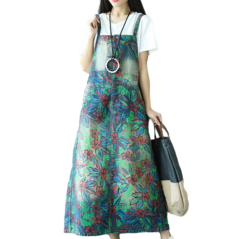 

Bib Pocket Front Overall Dress 2023 Vintage Flower Print Water Wash Denim Long Maxi Strap Dresses