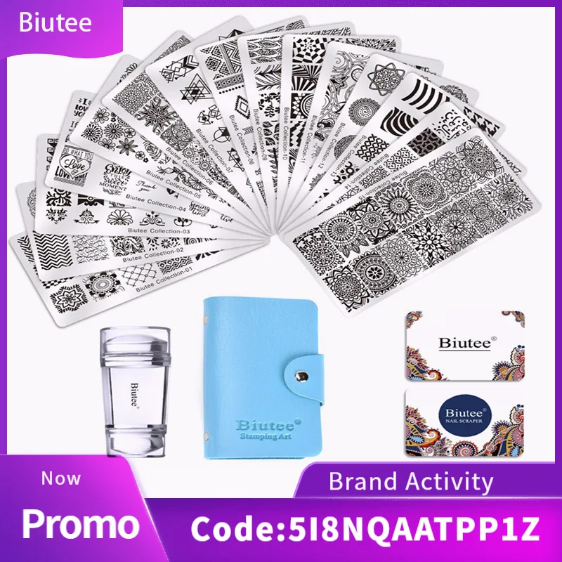 Billig Biutee 19 stücke Nagel Stempel Platten set 15 platte 1Stamper 2Scraper 1 lagerung tasche Nägel Kunst Stanzen Platte schaber Stempel Blume Set