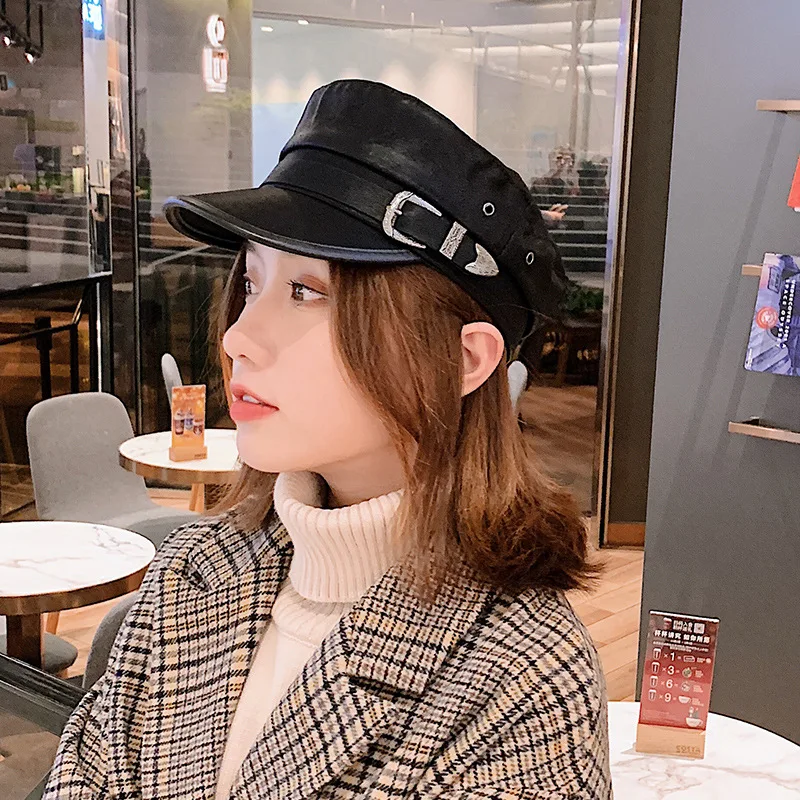 

Europe And America Metal Buckle Hide Substance Black And White with Pattern Military Cap Beret Women's Korean-style Autumn And W