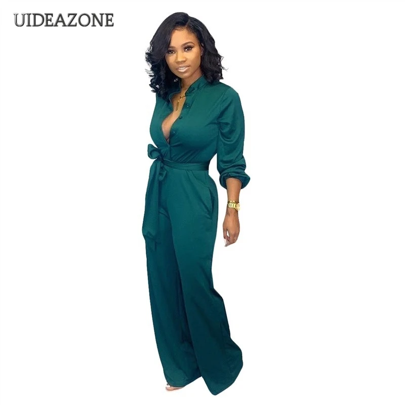 

UIDEAZONE Women Jumpsuit Solid Color Elegant Office Lady Jumpsuits Full Length Straight with Sashes OL 2019 Autumn