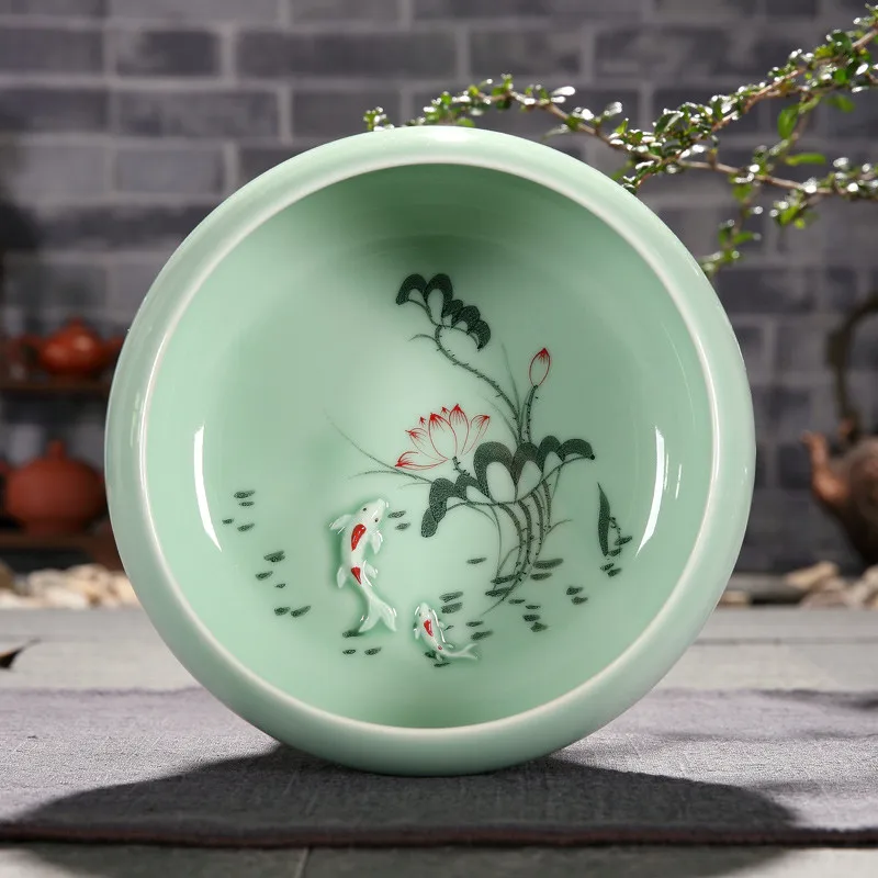 Ceramic Lotus Fish Tea Wash Embossed Pattern Tea Ceremony Accessories Vintage Bowl Home Docer Hand Made
