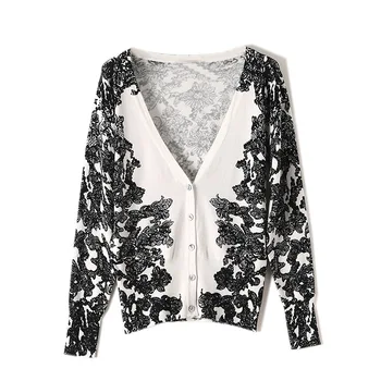 

Autumn Printing Sweater Cardigan Women Clothes V-neck Pattern Long Sleeve Casual Tops Outerwear TAH7169