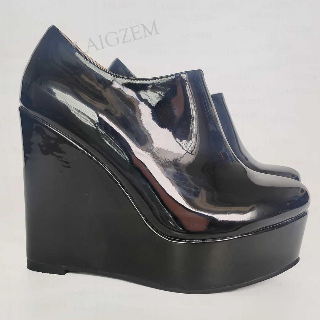 

LAIGZEM Women Ankle Boots Platform Wedges Side Zip Shiny Booties Ladies Female Height Increase Shoes Woman Big Size 43 46 50 52