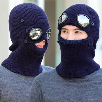 

New Men Winter Woolen Hat Plus Velvet Headgear Ear Cold Protection Glasses Male Cycling Outdoor Conjoined Warm Knit Beanei Caps