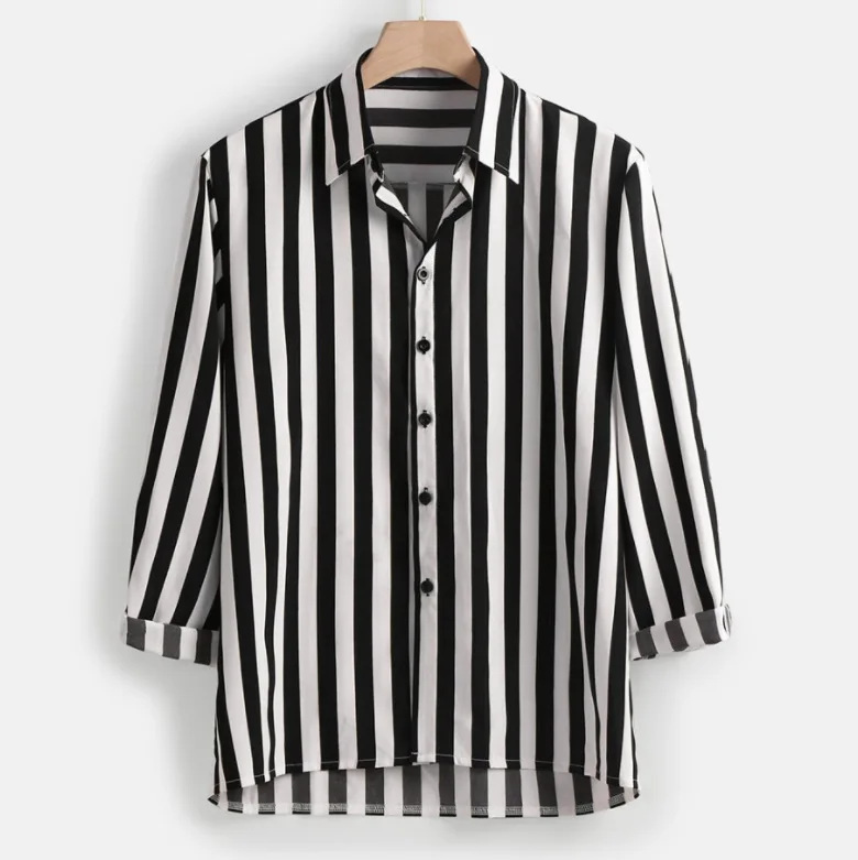 

New Male Fall Mid-sleeve Striped Shirt Top Casual Japanese Style Autumn Blouse Personality Unique Design For Adult Boys