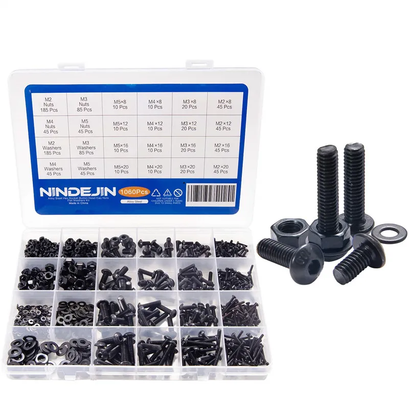 Round NINDEJIN 1060 шт./компл. M2 M3 M4 M5 шестигранный Набор торцевых головок винта углерода Сталь болты и гайки шайбы ассортимент набор с коробка для хранения - Color: Round