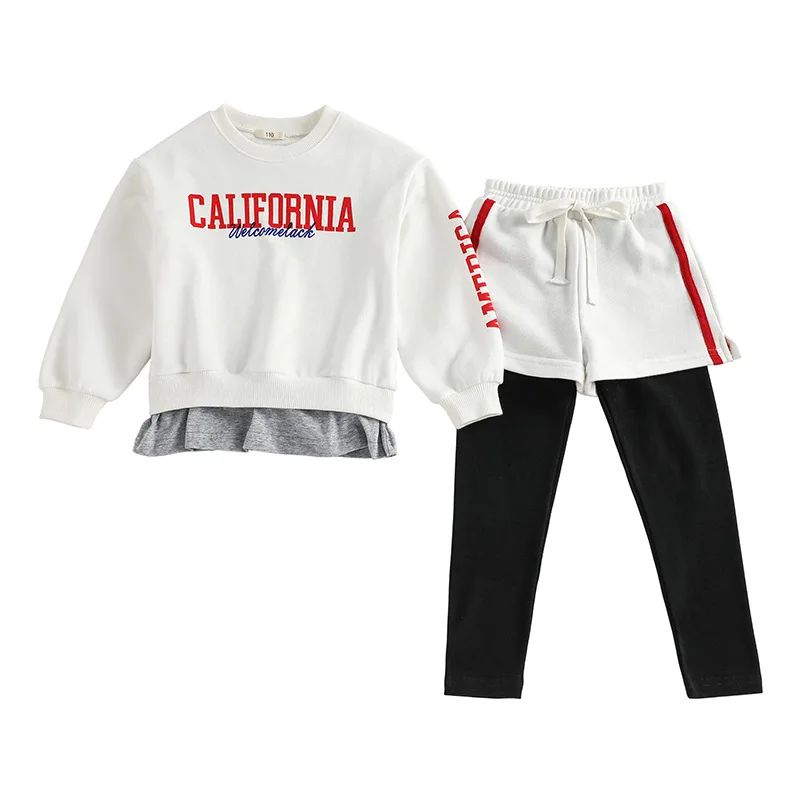 Suit White Костюмы для девочек спортивные комплекты для детей Модные свитшоты Лоскутные пуловеры с надписями, детская одежда Топы+ штаны, леггинсы, короткие брюки - Цвет: Suit White