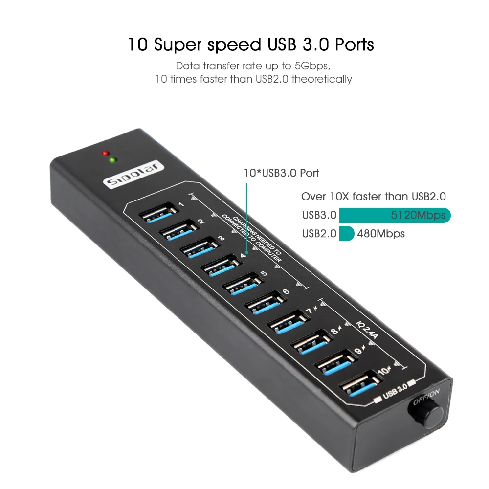  Sipolar Metal 10 puertos usb 30 hub con 12V3A adaptador de corriente 2.4A cargador usb hub estación