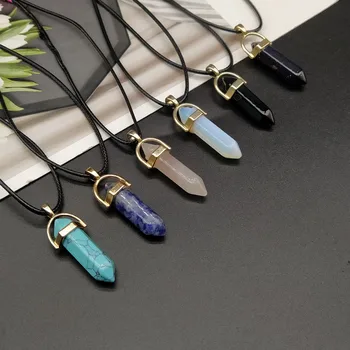 

Hexagonal Column Quartz Necklaces turquoises Pink Crystal pendent Necklace For Women Leather Chain Natural Stone Choker Necklace