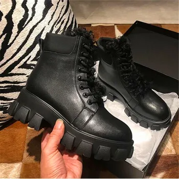 

Height Increasing Platform Combat Boots Lace up Round Toe Genuine Leather Black Shoes Women Hairy Ankle Boots