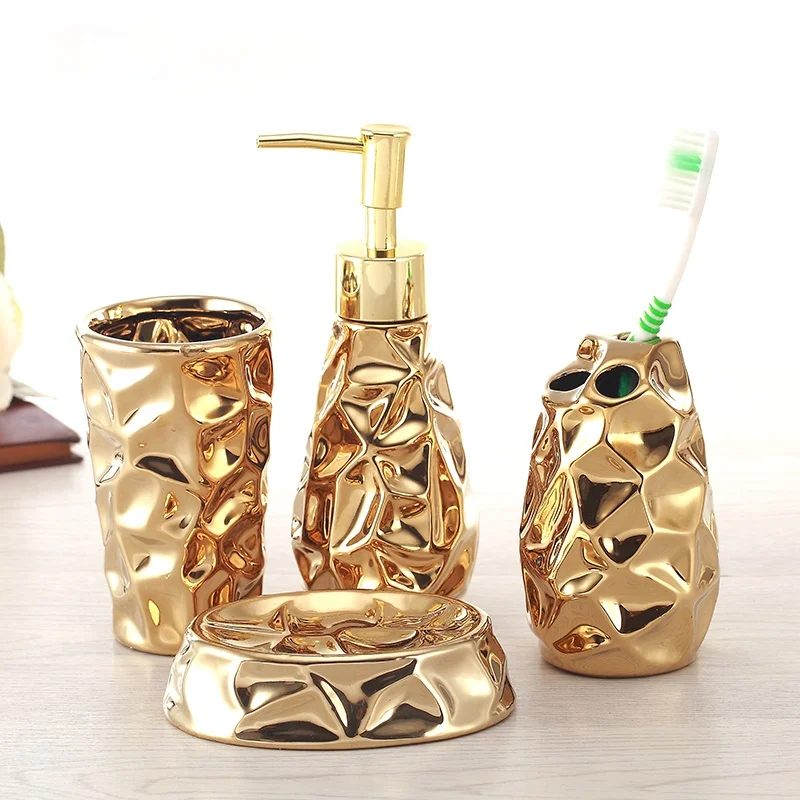 Four piece Gold Tooth Brush Holder Ceramic Bathroom Set Soap Dispenser