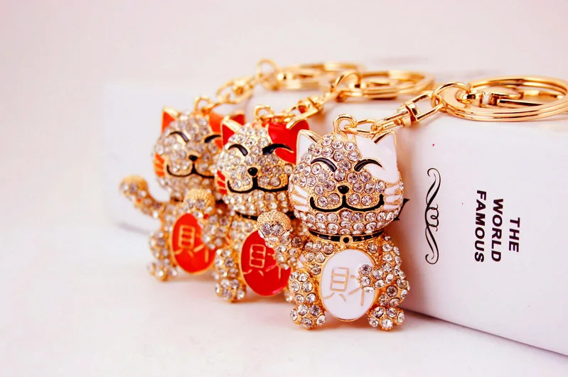Chinese-style Creative Cute Diamond Set Crystal Lucky Cat Car Key Ring Kitten Metal Pendant Key Chain