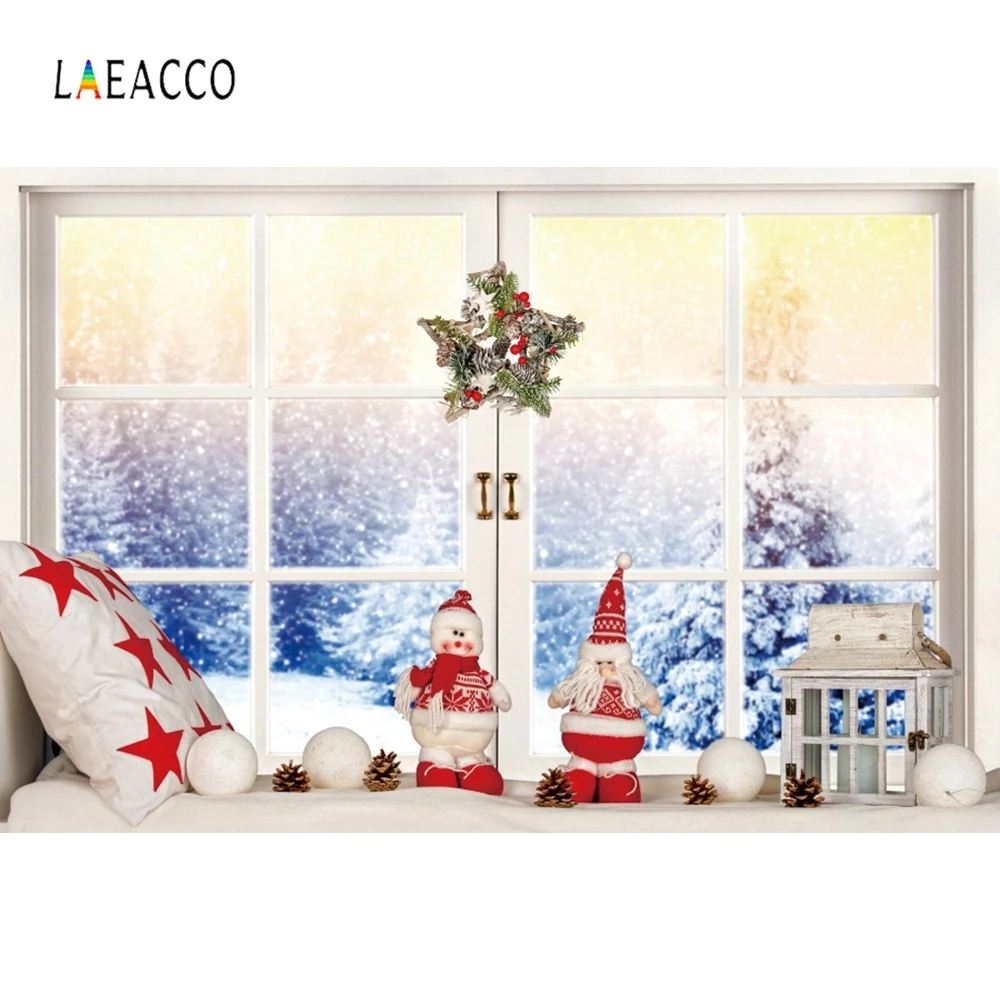 

Laeacco Winter Windows Photography Backdrops Customized Merry Christmas Decor Portrait Photographic Backgrounds For Photo Studio