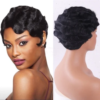 

LINGHANG Short Curly High Temperature Synthetic Hair Finger Wave Wig Red White Black Gold 4 Colors Suitable For Black Women