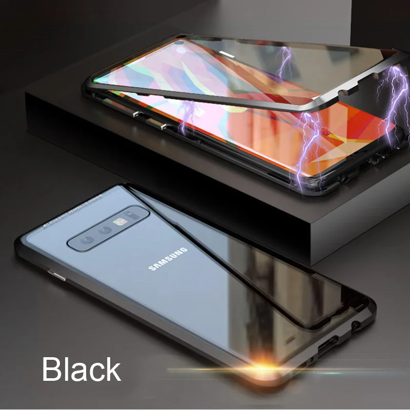 360 двусторонний стеклянный Магнитный чехол для samsung Galaxy S10 S9 S8 Plus+ закаленное стекло задняя крышка на магните чехол Fundas - Цвет: Черный