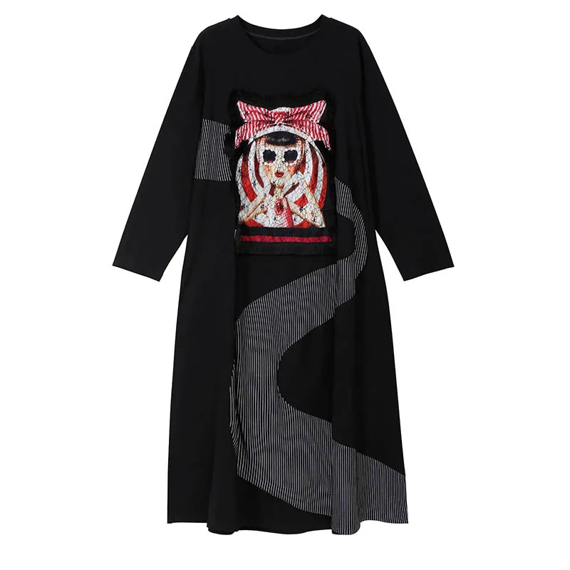 New Japanese Style Women Winter Black Long Dress Full Sleeve Cartoon Patch Lady Plus Size Harajuku Cute Dress vestidos 5651