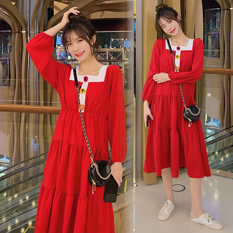 

8228# Sweet Red Linen Maternity Long Dress Autumn Fashion Large Size Loose Clothes for Pregnant Women Pregnancy Party Clothing