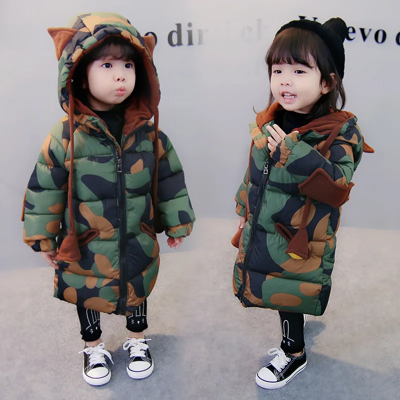 

New Winter Korean style fashion long-section cotton lining warm camouflage pattern hooded jacket outwear both for boys and girls