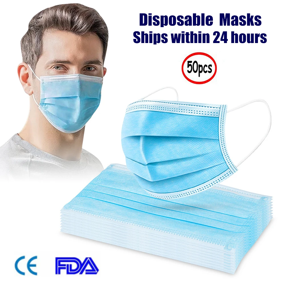 

3 Layer Anti-Dust Face Masks 50PCS Non-woven Dust Masks Elastic Anti PM2.5 Anti Breathing Safety Care Elastic Ear-loops