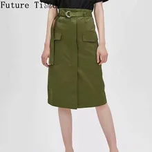 В ближайшее время с поясом-оборкой и ремешок с пряжкой с карманом спереди юбка Женская Осенняя Повседневное Армейский зеленый прямые Высокая Талия мини-юбка F827