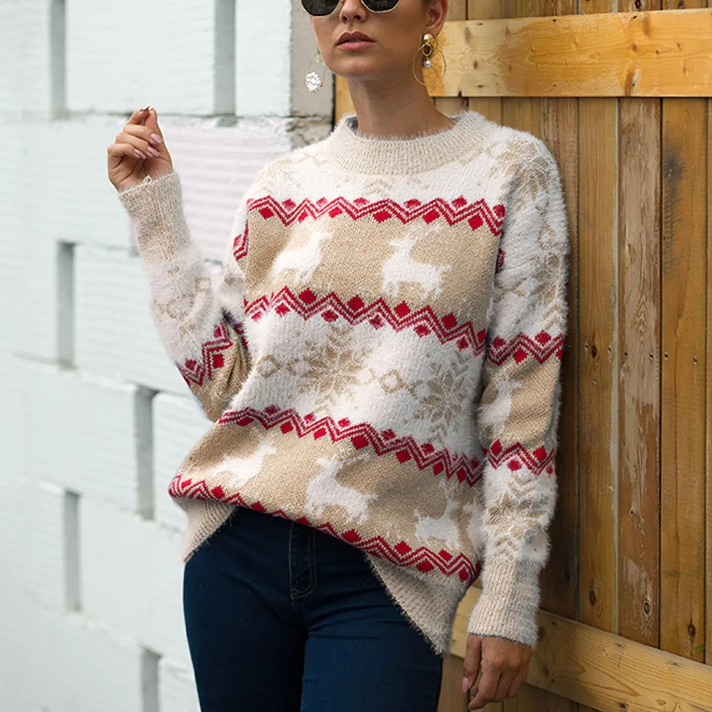 Свободный пуловер свитер с длинным рукавом и круглым вырезом женские рождественские свитера вязаный свитер с принтом топы размера плюс feminino