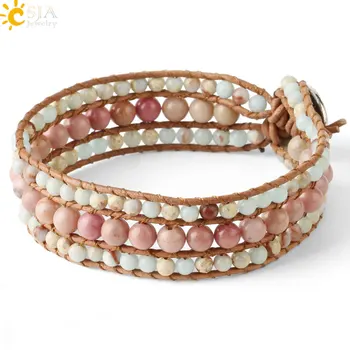 

CSJA Braided Bracelets Natural Gem Stones Leather Wrap Bracelet Pink Beads Line Rhodonite Handmade Armband Wikkelarmband S565