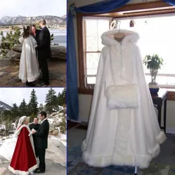 Women White/Ivory Faux Fur Trim Winter Christmas Bridal Cape Floor Length Wedding Cloaks Hooded Winter Jacket Bolero Custom