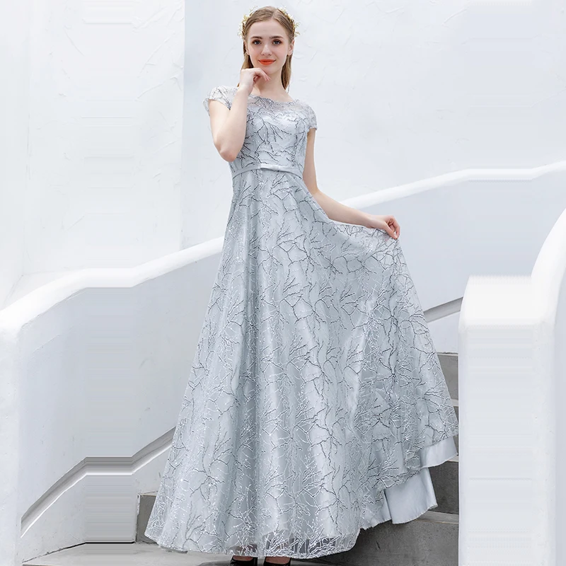 

Evening Dresses Silver Slim A Line Long Women Party Dresses 2020 Short Sleeve Robe De Soiree Boat Neck Elegant Formal Gowns E646