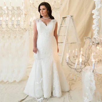 

Robe De Mariage Cap Sleeve Lace Mermaid Wedding Dresses Plus Size V-neck Bridal Wedding Gowns Sweep Train Vestido De Noiva