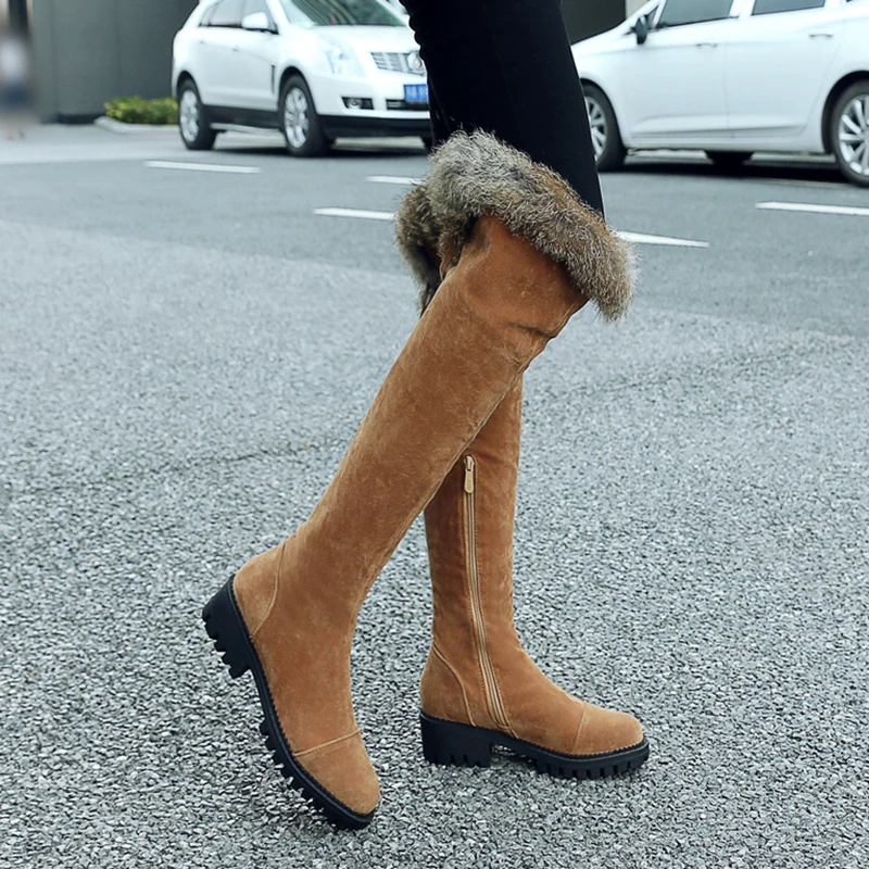 

Rimocy Rabbit Fur Platform Knee High Boots Women Winter Long Boots Zipper Faux Suede Botas Mujer Fashion Shoes Woman Black Beige