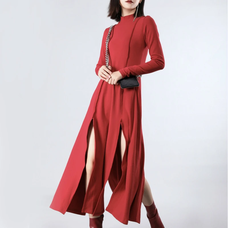 

2020 Spring Cotton Dress Tunic Solid Women Long Sleeve Slim Red Black Vintage Side High Split Irregular Basic Dresses