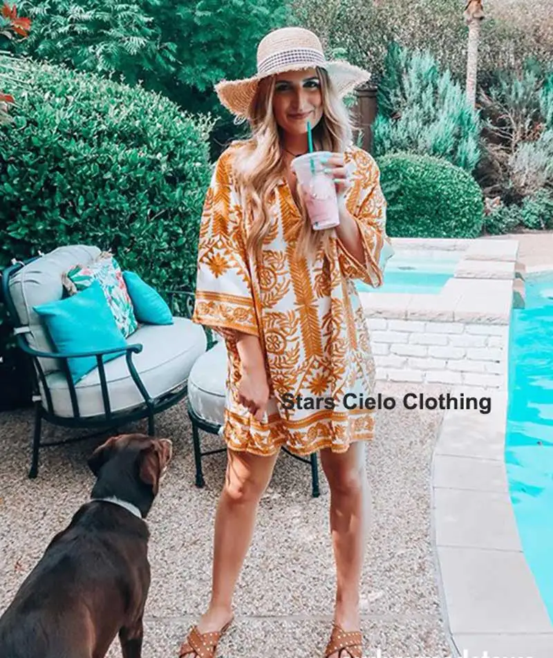 Boho Embroidered Dress in Yellow 3/4 flare sleeve mini summer dress V-neck holiday chic ukraine women dress tassle gypsy vestido