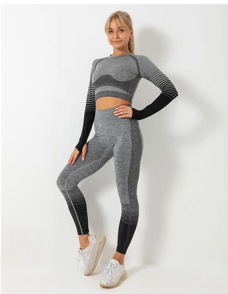 Seamless Women Yoga Set Workout Sportswear Gym Clothing Fitness Long Sleeve Crop Top High Waist Leggings Sports Suits