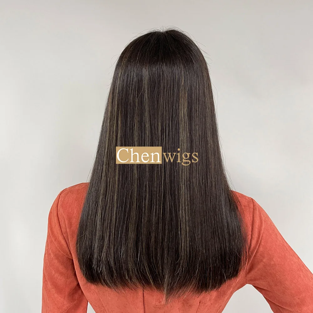 Lace Top Kosher Wig Dark Brown #4 Color With Highlights Shoulder Length Free Part Wigs Russian Hair Best Sheitel Wig