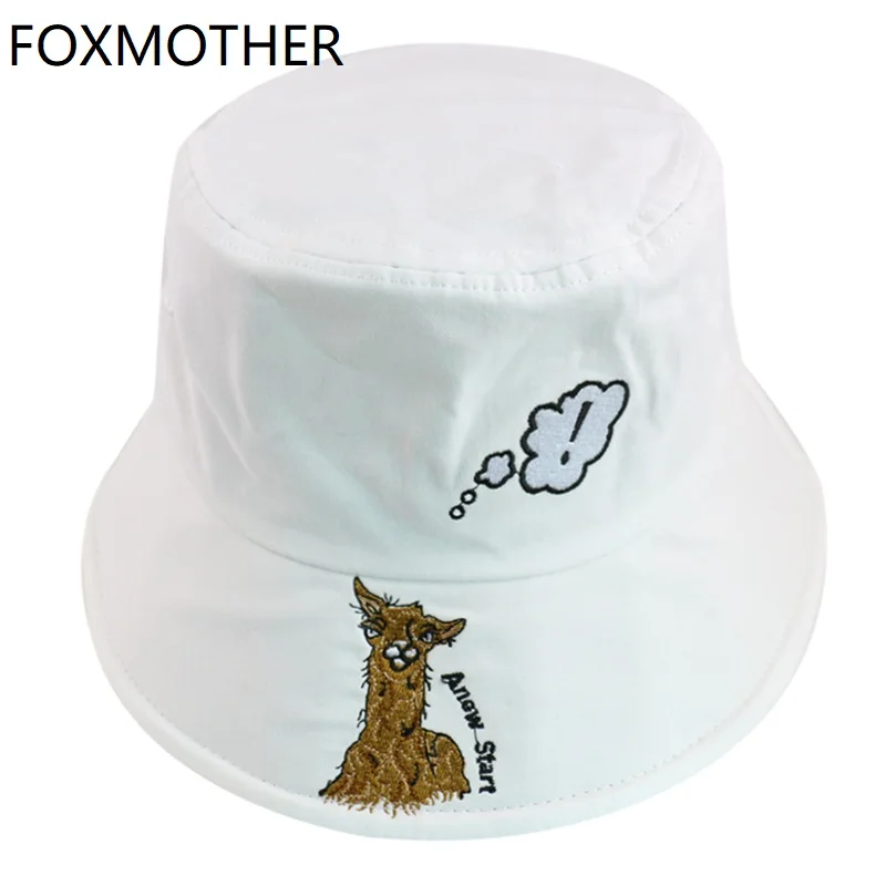 FOXMOTHER New Fashion Cute Black White Alpaca Animal Print Bucket Hats Summer Fishing Caps Sun Women Ladies 2020