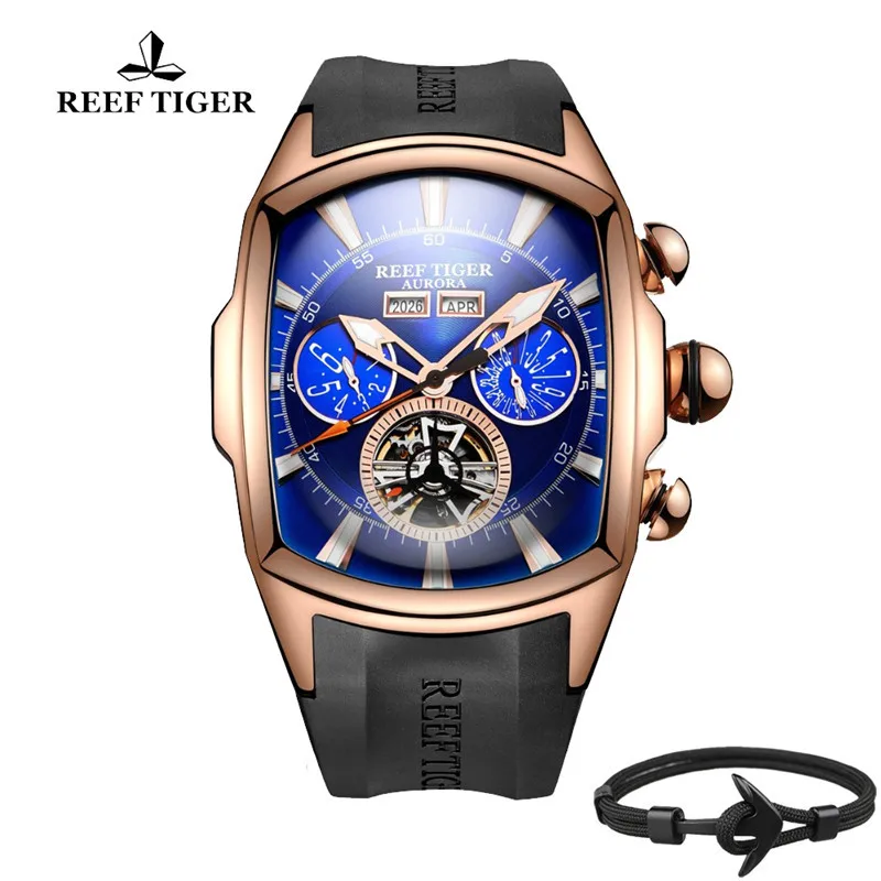 

Top Brand Reef Tiger Reloj Hombre Luxury Tourbillon Dial Automatic Watches Rubber Strap Mechanical Waterproof Men's Watches Dates Relogio Masculino+Gift
