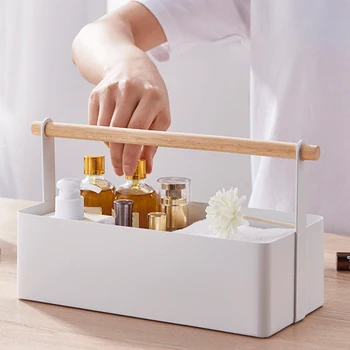 

Storage Organizer Rack Napkins Wood Handle Home Kitchen Countertop Sauces Divided Basket Portable Condiments Seasoning Display
