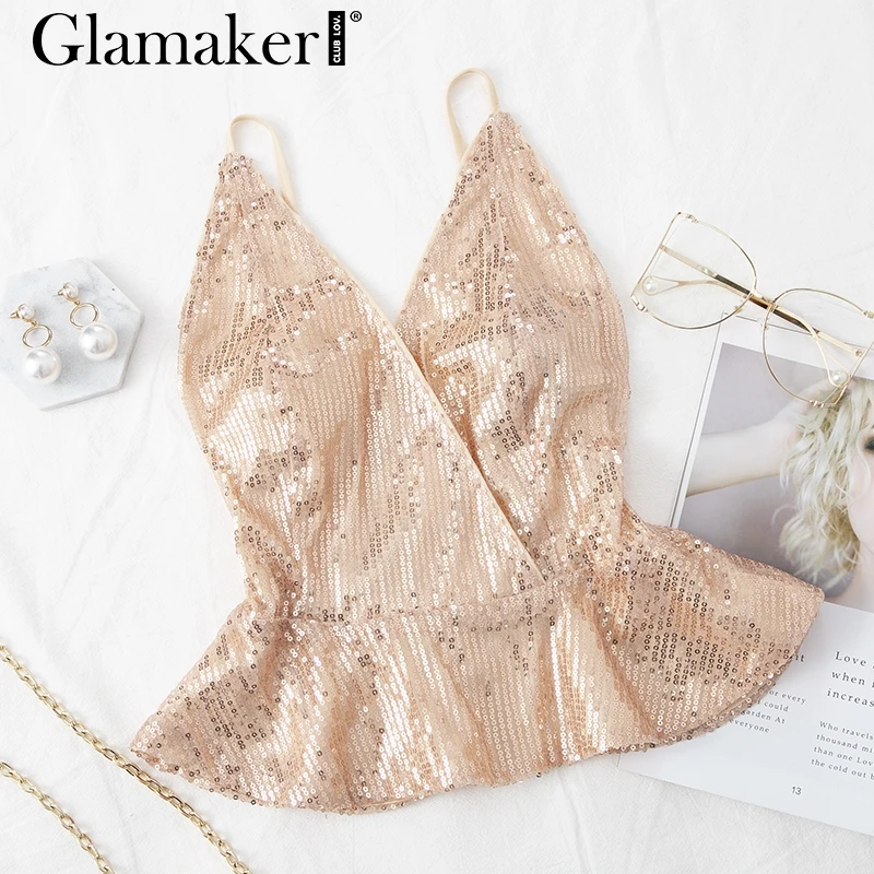 Glamaker Топ цвета шампанского с золотыми блестками, открытая спина, Клубная майка, женские майки и топики с баской и рюшами, летний стильный Сексуальный Топ для женщин